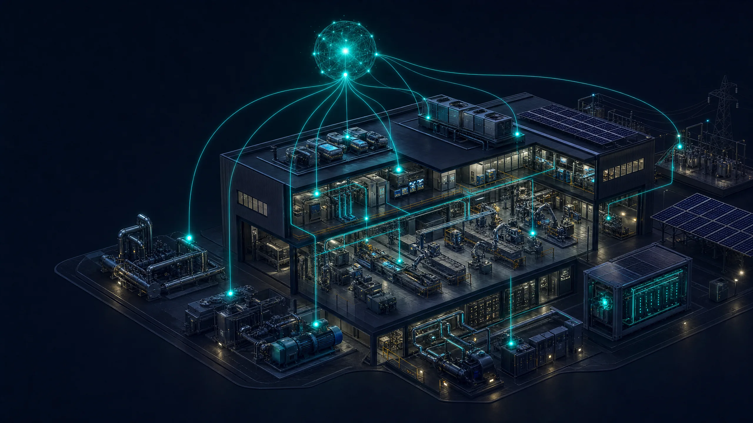 Detailed isometric industrial cutaway showing connected process energy systems