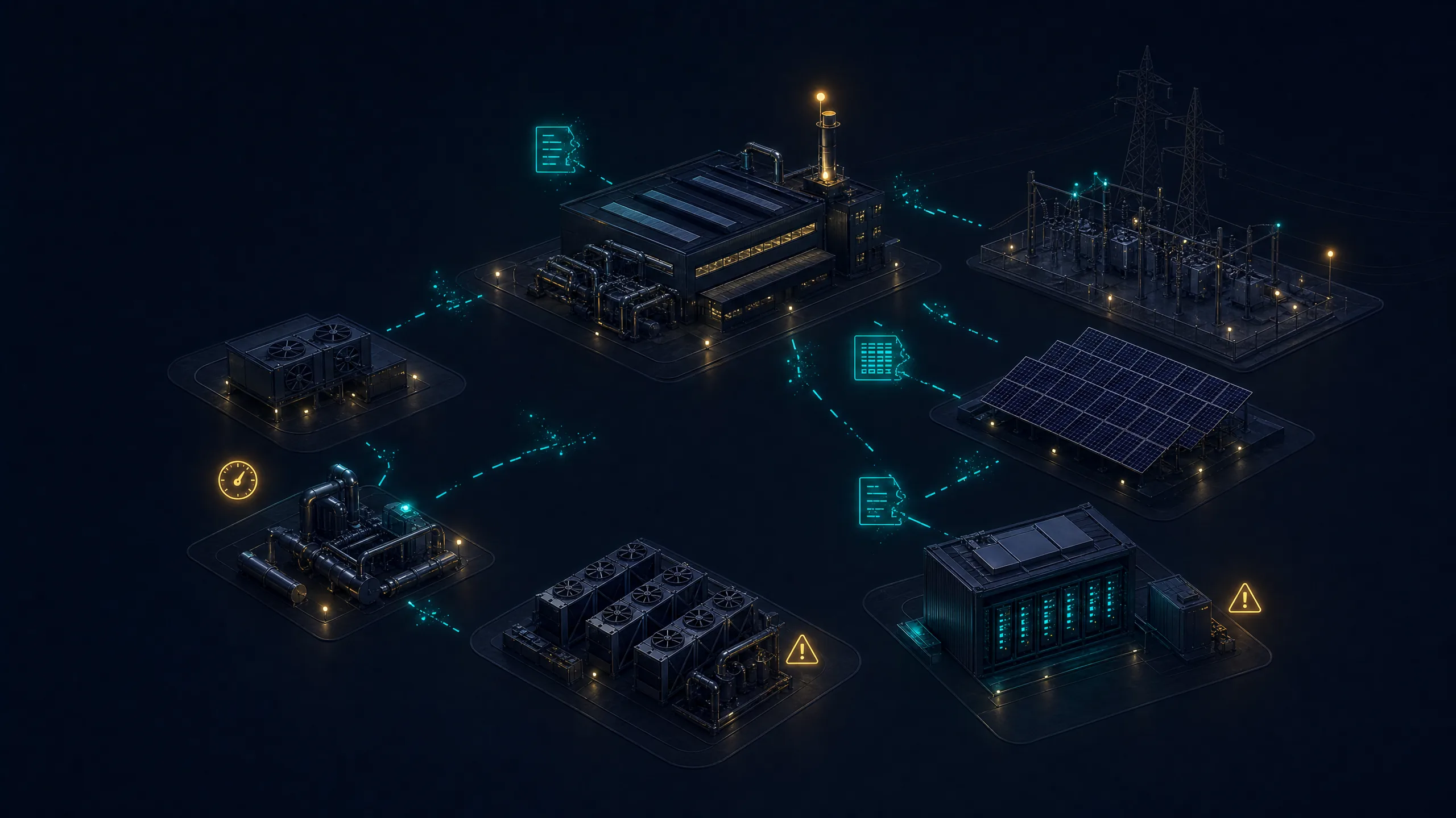 Disconnected industrial energy systems shown as separate isometric zones with broken teal data fragments
