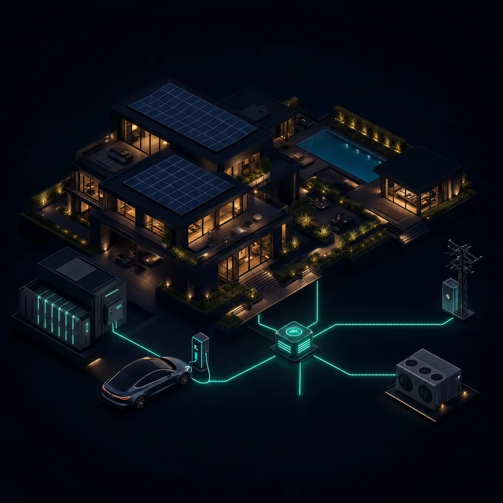 Large premium residential estate with solar, battery, EV charging and teal energy data lines