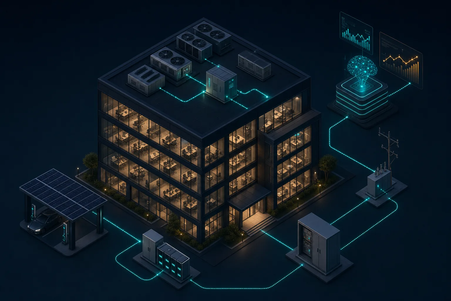 Premium commercial office building with rooftop systems, EV charging, storage and teal energy data lines