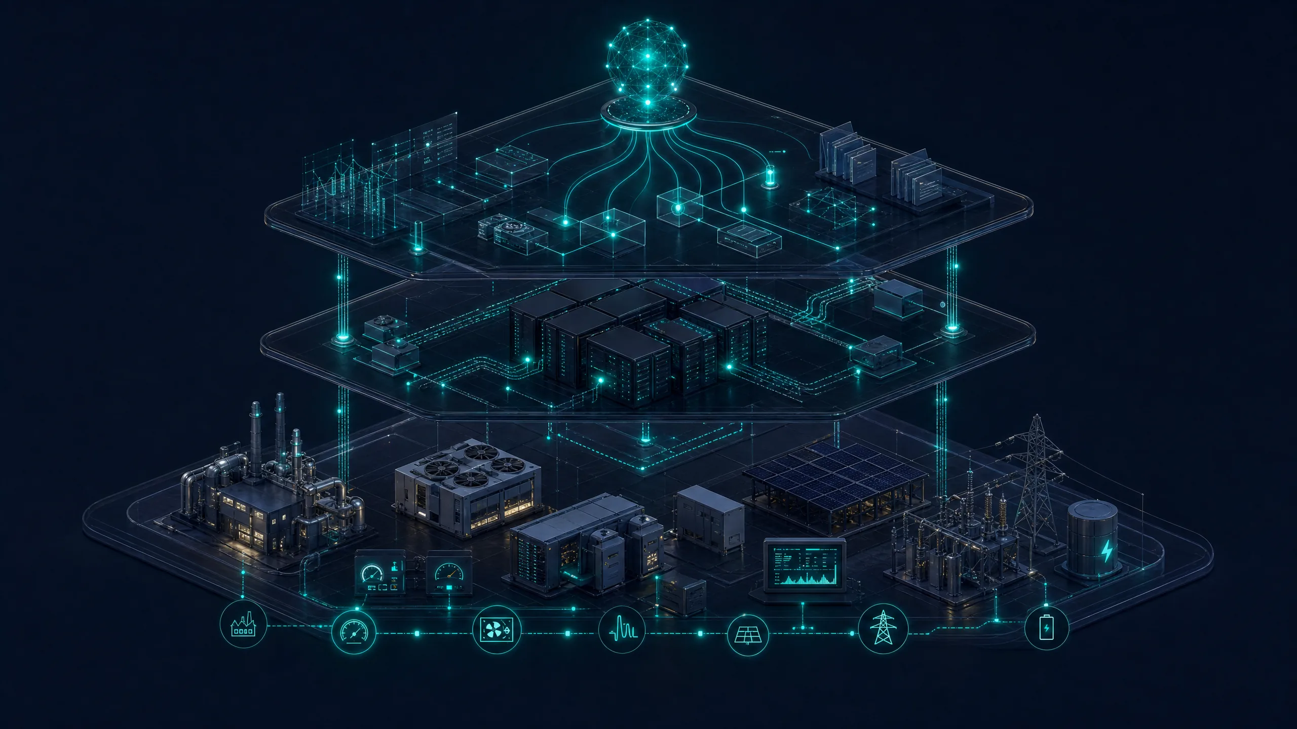 Layered isometric VEM platform architecture with industrial assets, data processing and AI intelligence layers